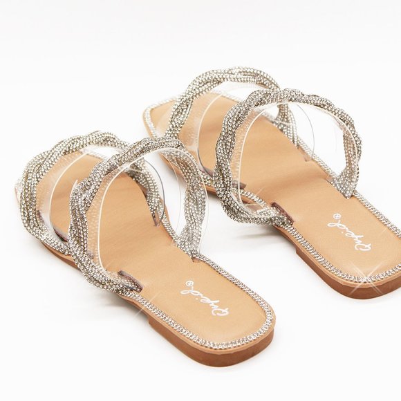 NEW Double Clear Strap Twisted Sparkly Bling Rhinestone Slip On Slides Sandals - Picture 13 of 15